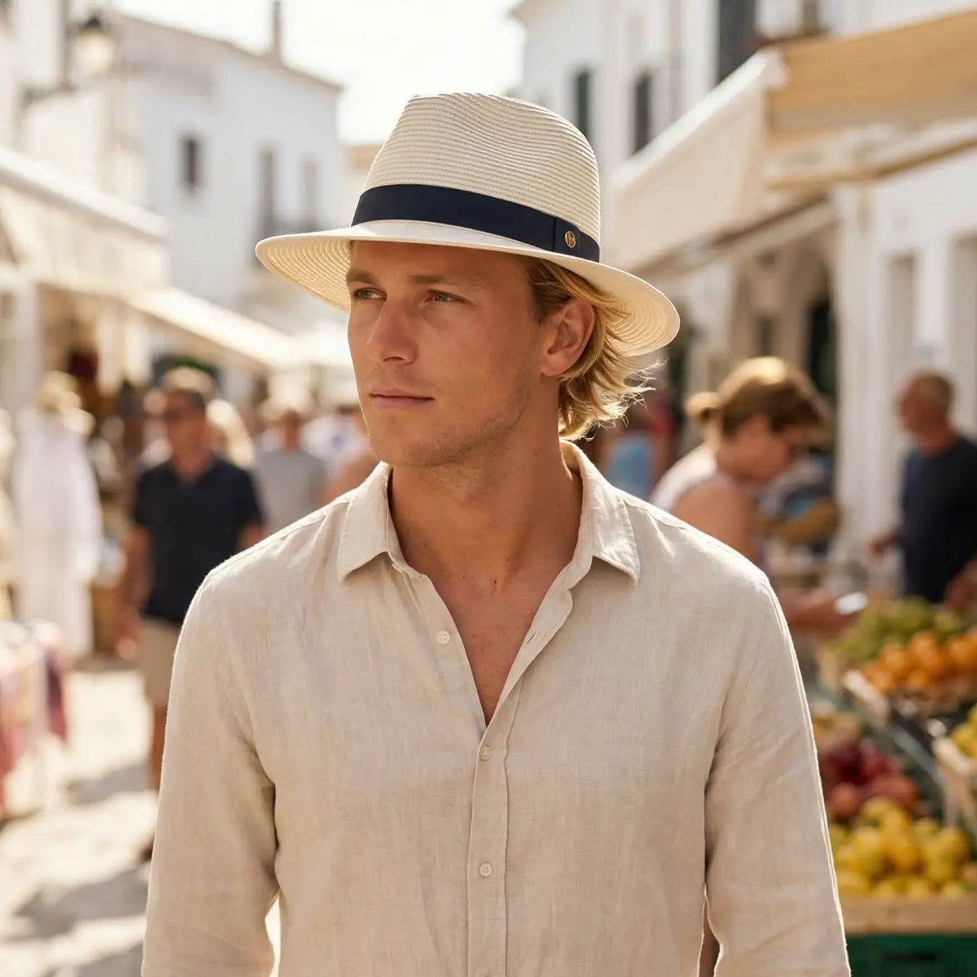 Man wearing a House of Ord flexibraid sun hat and light shirt in an outdoor market setting