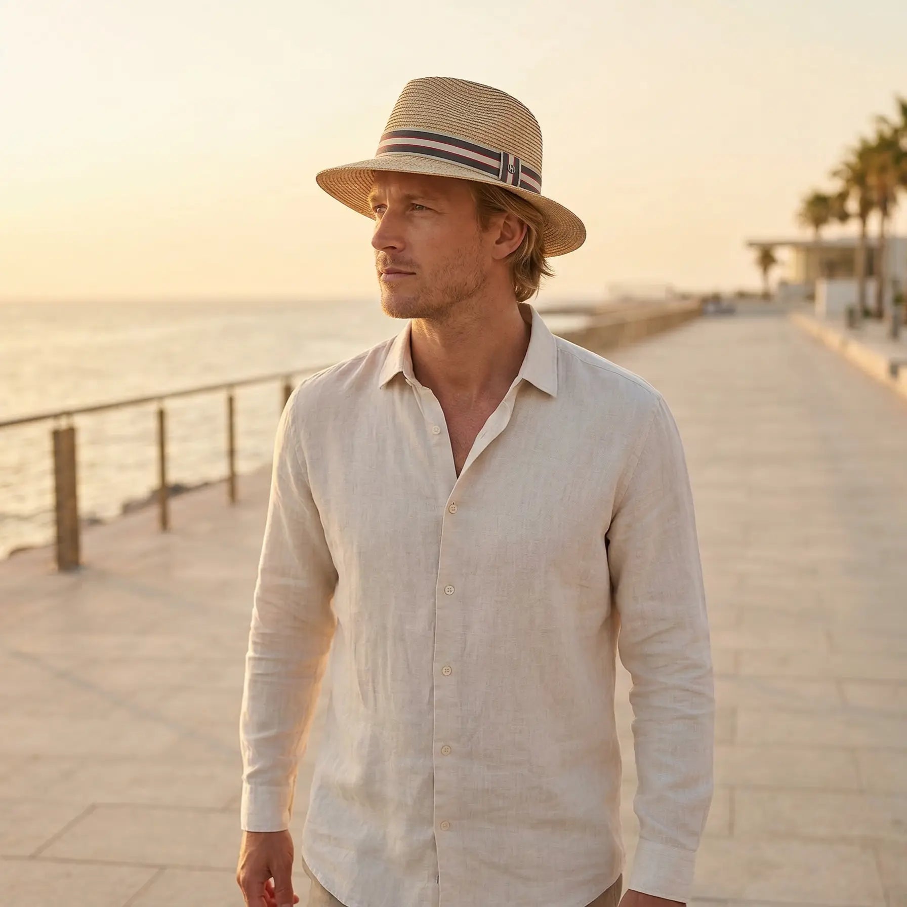 Man wearing a House of Ord Flexibraid Fedora sun hat and white shirt on a beach promenade at sunset.